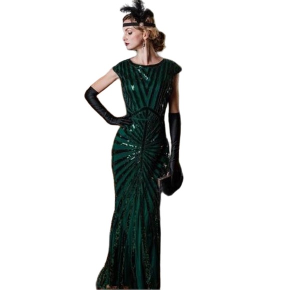 1920’s Beaded Sequin Gown Green Maxi Dress Trumpet Hem Small Gatsby Costume Prom - Picture 1 of 16